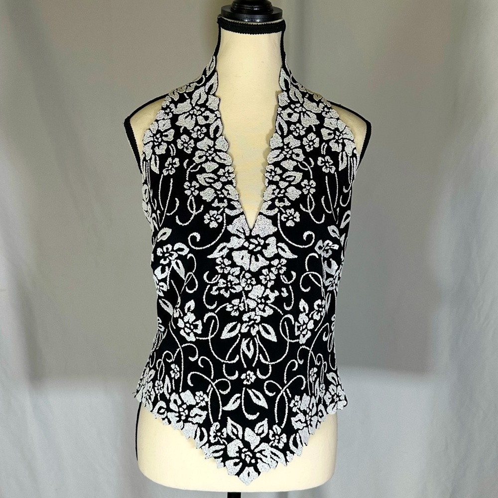 Tadashi Black Top Size L Beaded Halter Zipper Back Closure Formal 90s